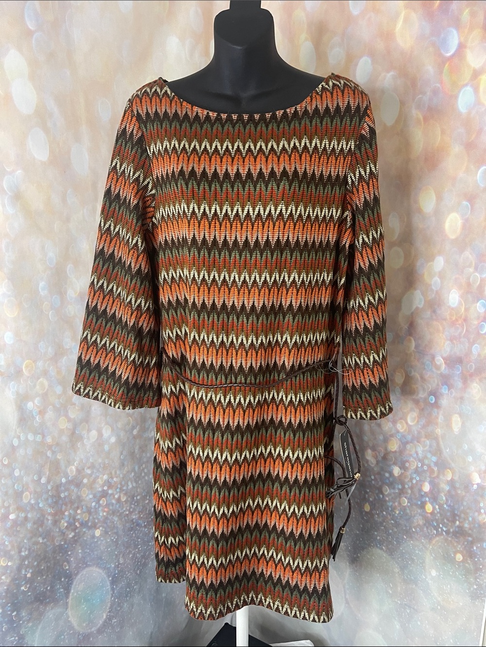 Sharagano Chevron Belted Long-Sleeve Knit Dress in Fall Colors NWT Size 14